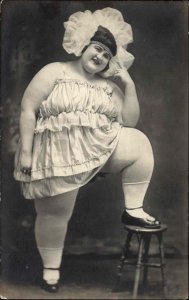 Circus Fat Lady in Studio CRISP IMAGE Unidentified c1920 Real Photo Postcard