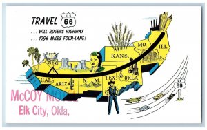 c1950's Travel US 66 Highway Map McCoy Hotel Elk City Clinton Oklahoma Postcard