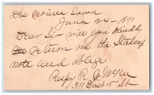 Des Moines Iowa IA Creston IA Postal Card RJ Mckee Oblige Message 1891 Antique