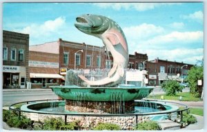 KALKASKA, Michigan MI  Street Scene NATIONAL TROUT MEMORIAL FOUNTAIN  Postcard