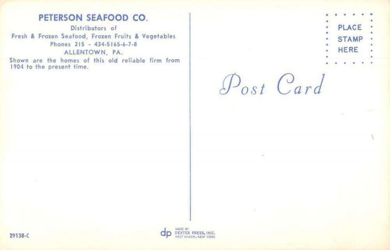 Allentown Pennsylvania Peterson Seafood Co Vintage Postcard AA14367