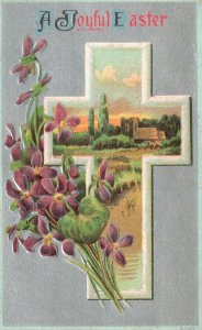 A Joyful Easter Greetings Card Cross Countryside Flowers Vintage Postcard 1910's