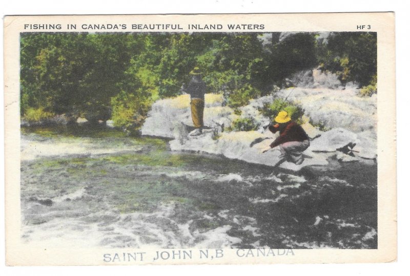 Fishing in Canada Beautiful Inland Waters St John NB Vintage Postcard