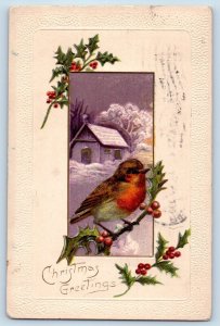 Christmas Postcard Greetings Bird Holly Berries Embossed Philadelphia PA c1910's