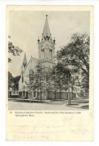 MA - Springfield. Highland Baptist Church (destroyed by fire 1/3/1906  *DPO