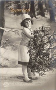 Joyeux Noel Girl Christmas Tree King Albert 10 Stamp R&K Real Photo Postcard G36