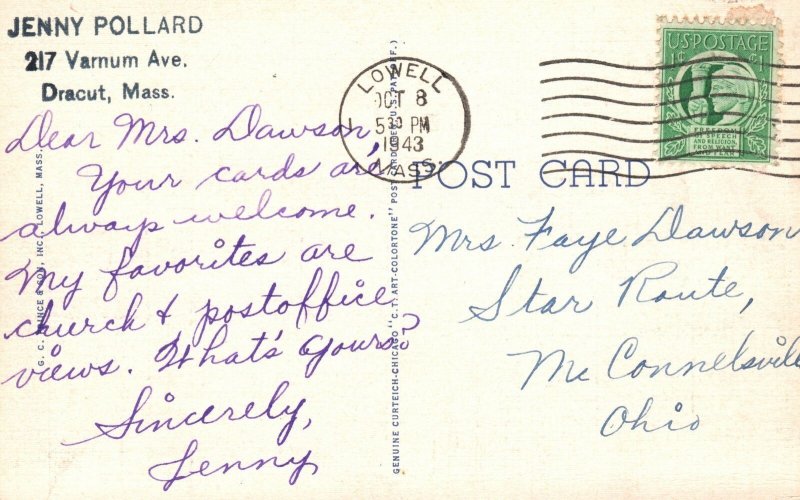 Vintage Postcard 1943 Lowell Memorial Auditorium Building Lowell Massachusetts