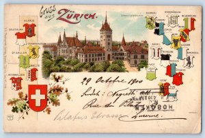 Switzerland Postcard Coat of Arms Greetings from Zurich 1900 Posted Antique