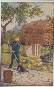 Boy Farm Keeper With Giant Broomstick Feeding Hens 1960s Postcard