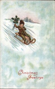 Christmas Children Sledding Embossed Vintage Postcard