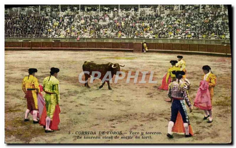 Old Postcard Bullfight Bullfight Toro y bullfighters The bull comes out of th...