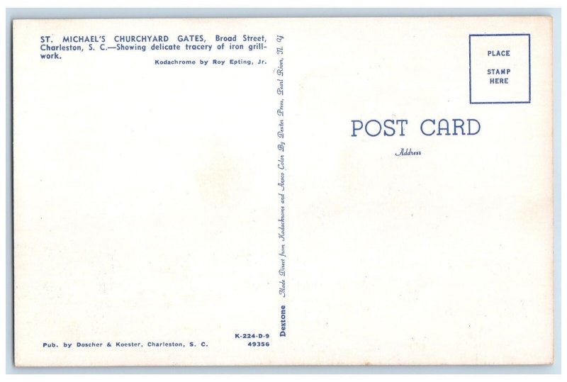 c1960 St. Michael's Churchyard Gates Charleston South Carolina SC Trees Postcard