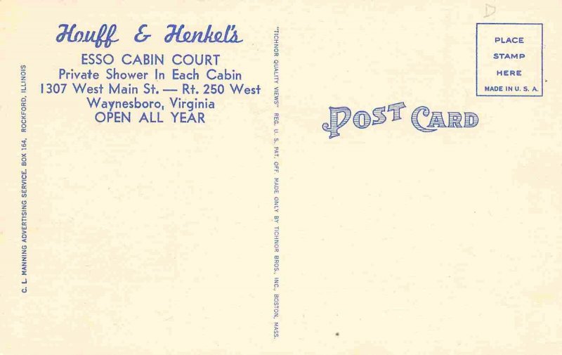Esso Cabin Court Gas Pumps Waynesboro Virginia linen postcard