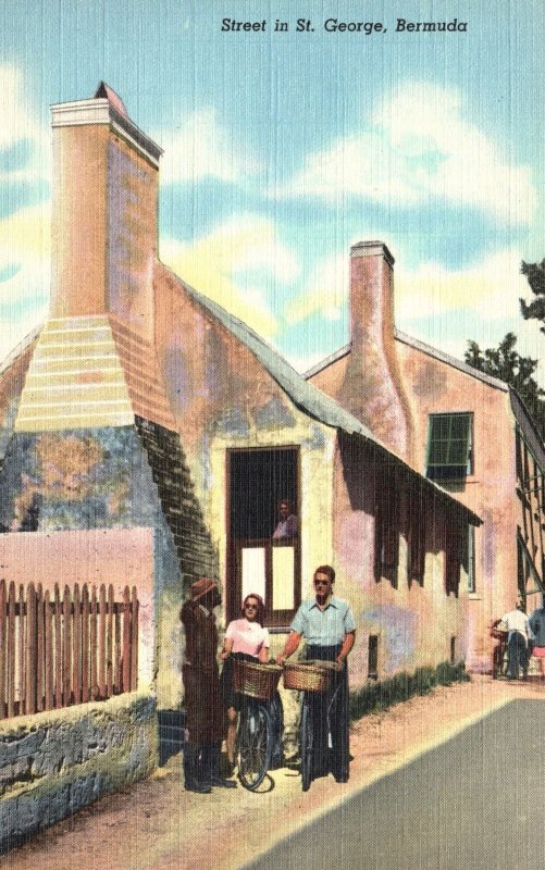 Vintage Postcard Street In Saint George Bermuda Cyclist Pause Yankee Store Shops