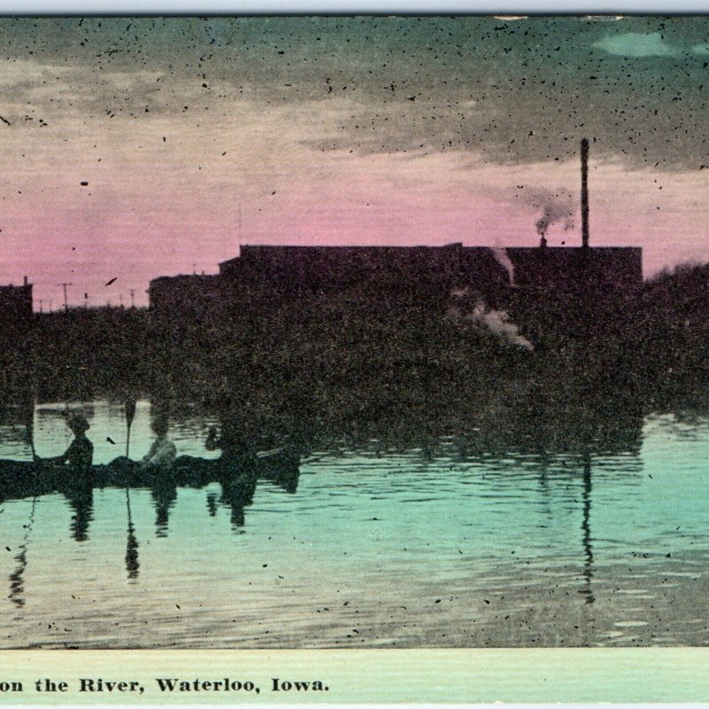 c1910s Waterloo, IA Moonlight on Cedar River Canoe Girl Photo Litho Postcard A63