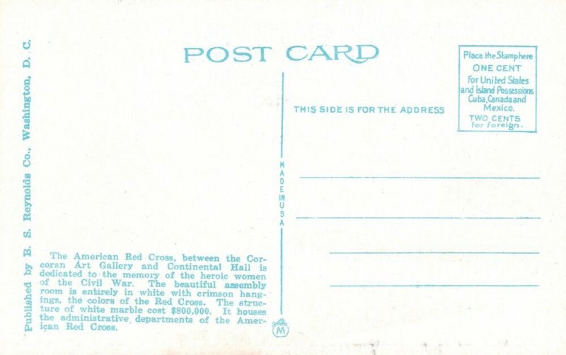 Vintage Postcard 1920's American Red Cross Building Washington D. C. Structure