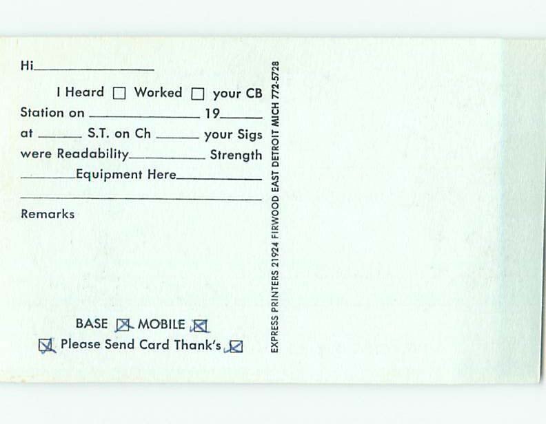 Pre-1980 RADIO CARD - CB HAM OR QSL Warren - Near Detroit Michigan MI AH1513