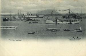 malay malaysia, PENANG, Harbour Scene, Native Boats and Steamers (1899) Postcard