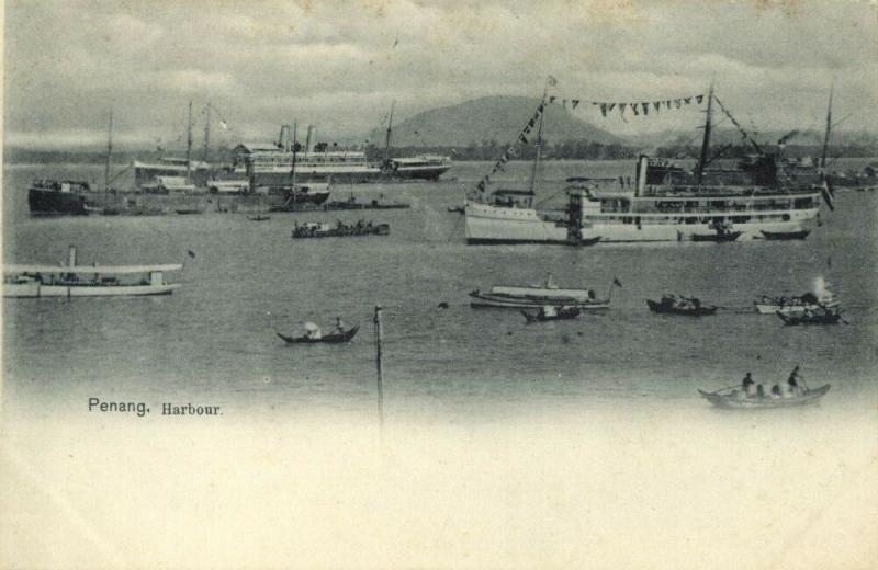 malay malaysia, PENANG, Harbour Scene, Native Boats and Steamers (1899) Postcard