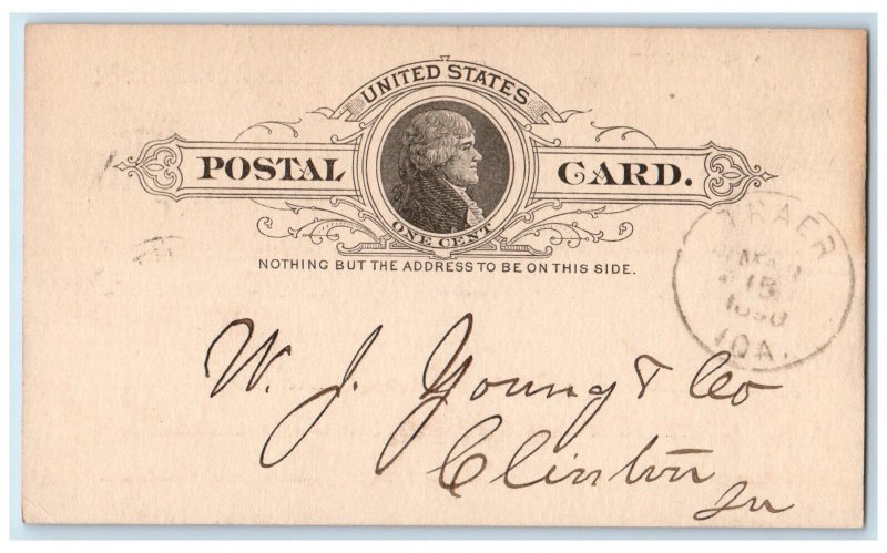1890 D.E. Baker Lumber Coal Lime Stone Traer IA Clinton IA Postal Card