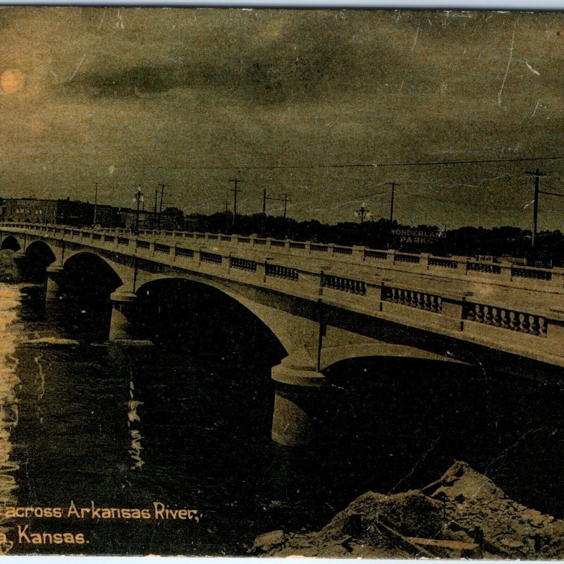 c1910s Wichita KS Night Arkansas River Bridge Wonderland CA Tanner Postcard A151