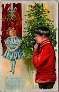 Girl Under Mistletoe Christmas embossed Postcard c/o St Peter Hospital Minnesota