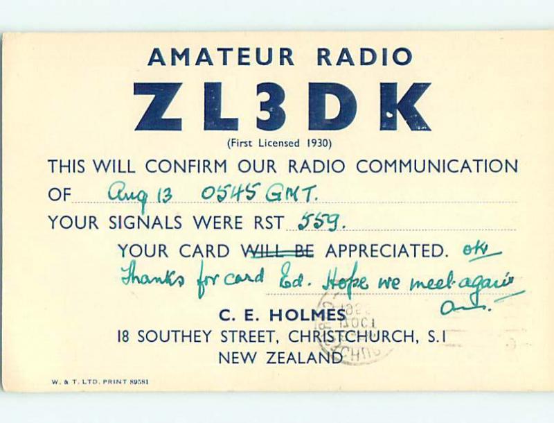 1955 vintage QSL HAM RADIO CARD Christchurch South Island NEW ZEALAND t1807