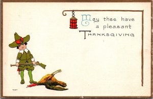 Thanksgiving Postcard Pilgrim Boy with Shotgun and Dead Turkey