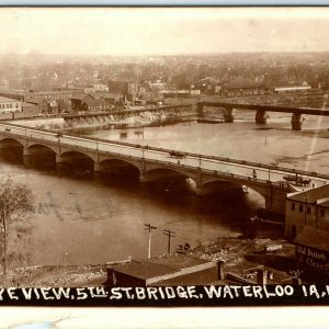 c1910s 5th St Waterloo IA RPPC Birds Eye Real Photo Downtown Horse Carriages A37