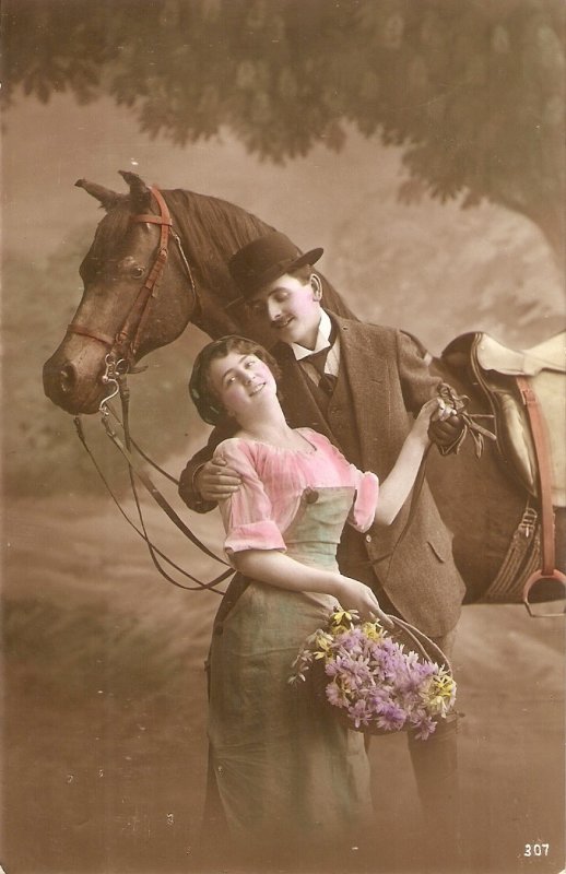 Couple. Romance with their horse Nice old vintage Enmglish postcard