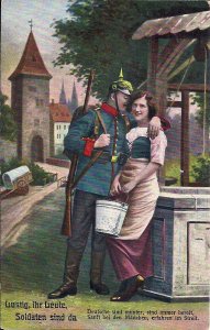 WWI Germany Feldpost 1915 Romance, Pickelhaube, Soldier Beautiful Woman at Well