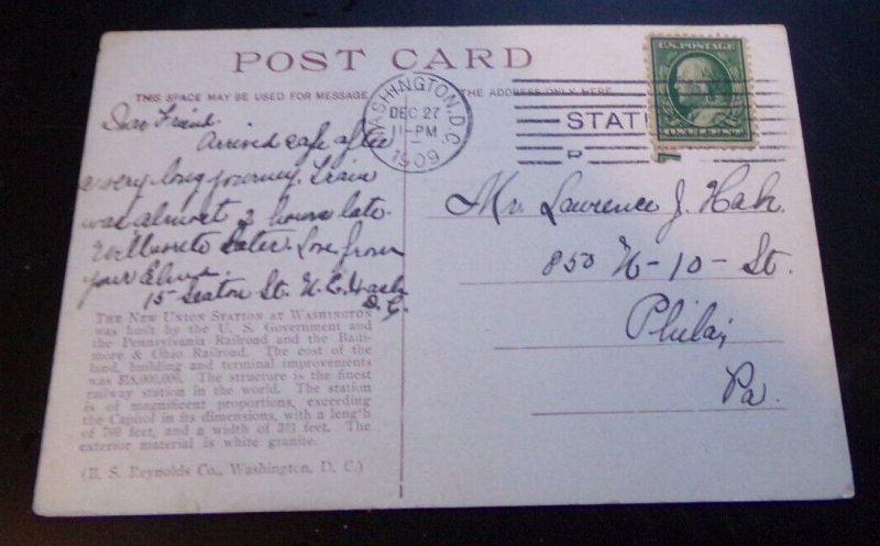 VINTAGE .01 PC 1909 USED - UNION STATION, WASHINGTON D. C.