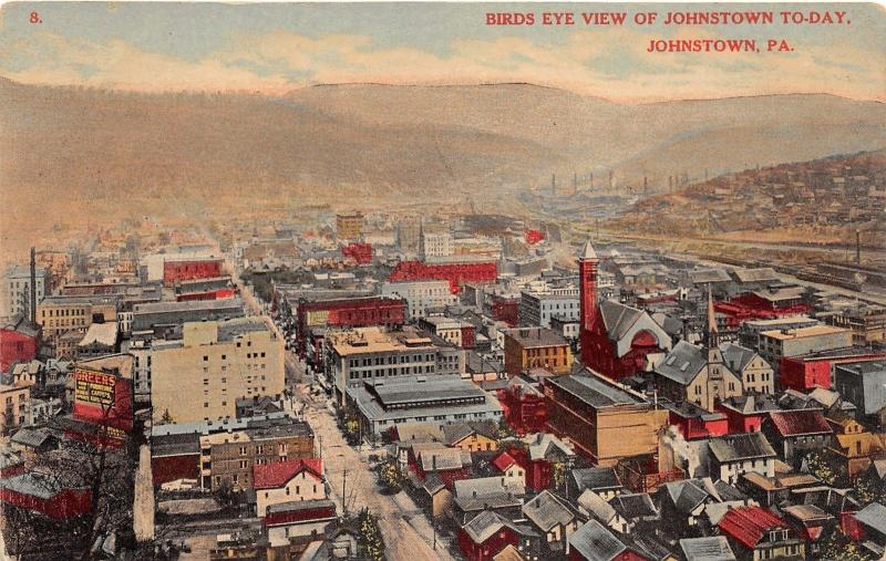 Johnstown Pennsylvania Bird's Eye View~Street-Churches-Houses-Greer's Sign~c1910