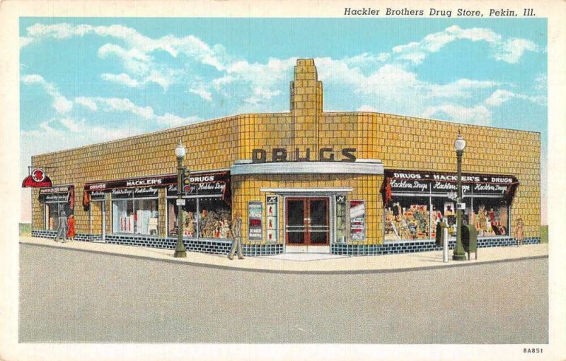 Pekin Illinois Hackler Bros Drug Store Vintage Postcard AA10981