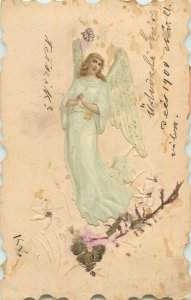 Handmade papercut chromo angel fantasy 1900 New Year greetings postcard Hungary 
