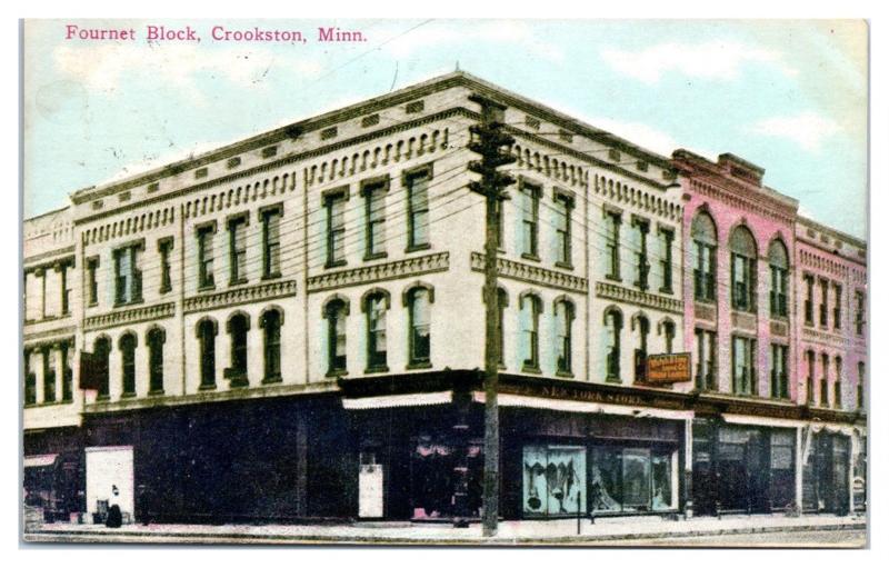 1913 Fournet Block, Crookston, MN Postcard w/ RPO Cancellation