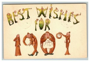 Vintage 1907 Art Nouveau New Year's Postcard Caricatures of People NICE