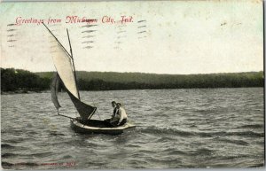 Men in a Sailboat, Greetings from Michigan City IN c1907 Vintage Postcard V35