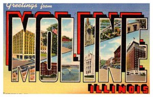 Postcard BIG LETTERS SCENE Moline Illinois IL AT6786