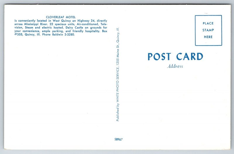 Roadside View~Quincy Illinois~Cloverleaf Motel~Vintage Postcard