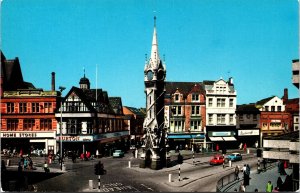 VINTAGE POSTCARD CLOCK TOWER & CITY CENTRE STREET SCENE LEICESTER UNITED KINGDOM