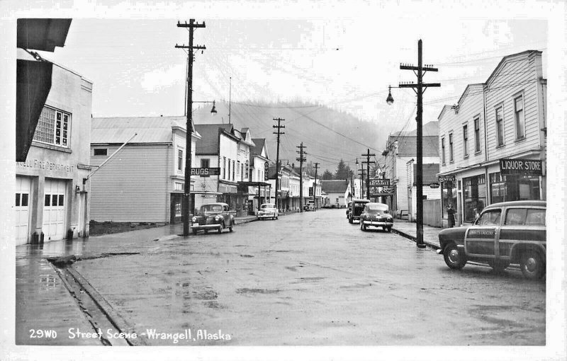 Wrangell AK Street Scene Storefronts Fire Department Old Cars RPPC