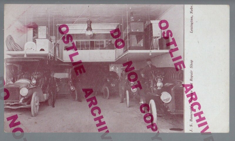 Lexington NEBRASKA c1910 INTERIOR GARAGE J.S. Bancroft CAR DEALERSHIP Cars NE