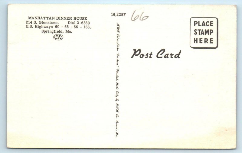 SPRINGFIELD, Missouri MO ~ Route 66 MANHATTAN DINNER HOUSE Roadside Postcard