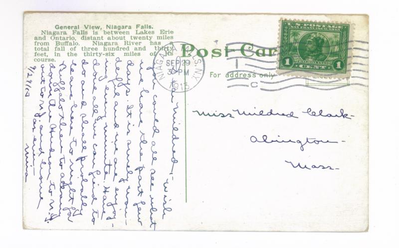 1913 Niagara Falls Postcard mailed from Niagara Falls to Arbington, MA, Sct 397