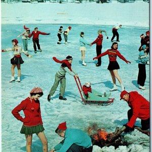 c1950s Greene IA Greetings Winter Skating on Village Pond Sled Chrome Photo A144