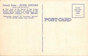 PARLOR OF FRENCH SUITE-HOTEL LINCOLN-INDIANAPOLIS INDIANA POSTCARD 1940s