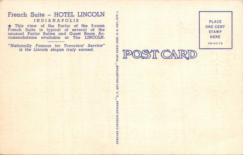 PARLOR OF FRENCH SUITE-HOTEL LINCOLN-INDIANAPOLIS INDIANA POSTCARD 1940s