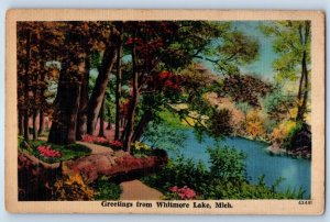 1940 Whitmore Lake Michigan Vintage Postcard Greetings Trees River Flowers Linen