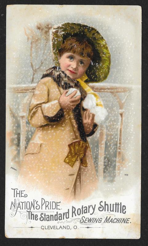 VICTORIAN TRADE CARD Standard Sewing Co Girl in Coat & Hat With Snowballs